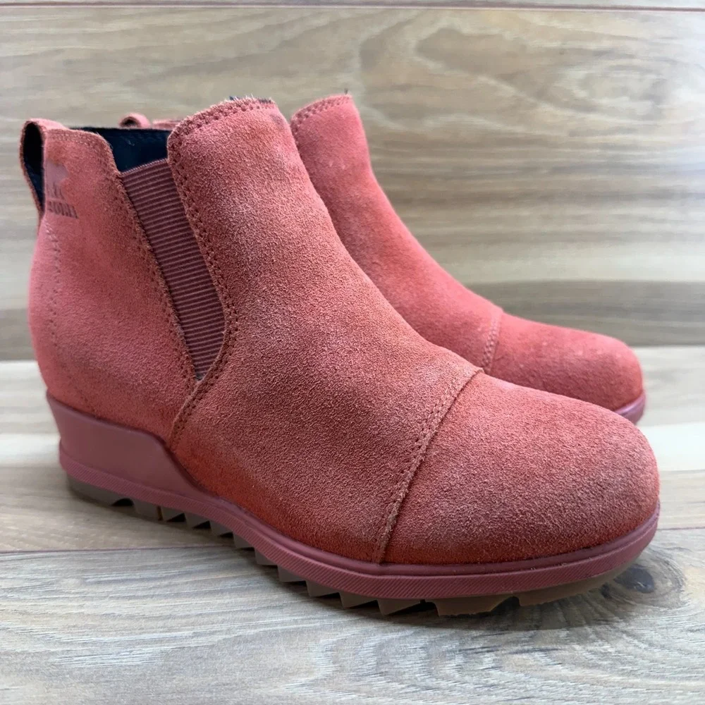 Sorel Evie Ankle Wedge Boots Womens 6 Warp Red‎ Suede Slip On
